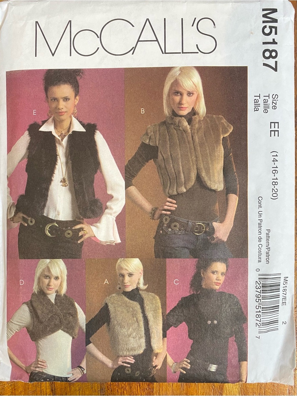 McCALL'S 5187 Faux Fur Vest Sewing Pattern - Neutral Fur Vests size 14-20
